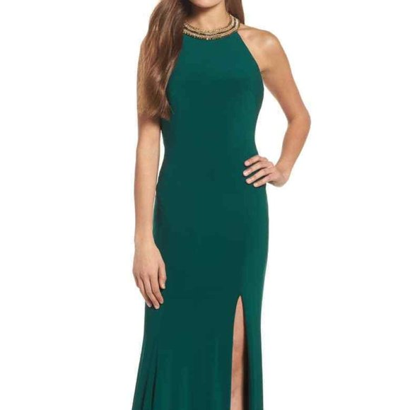 MAC DUGGAL BEADED HALER NECK EMERALD GREEN GOWN sz 12